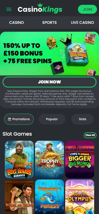 King Casino mobile home screen with slots, live casino, bingo and sports betting