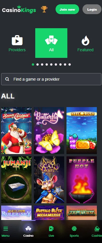 King Casino mobile games area with slots and live casino options