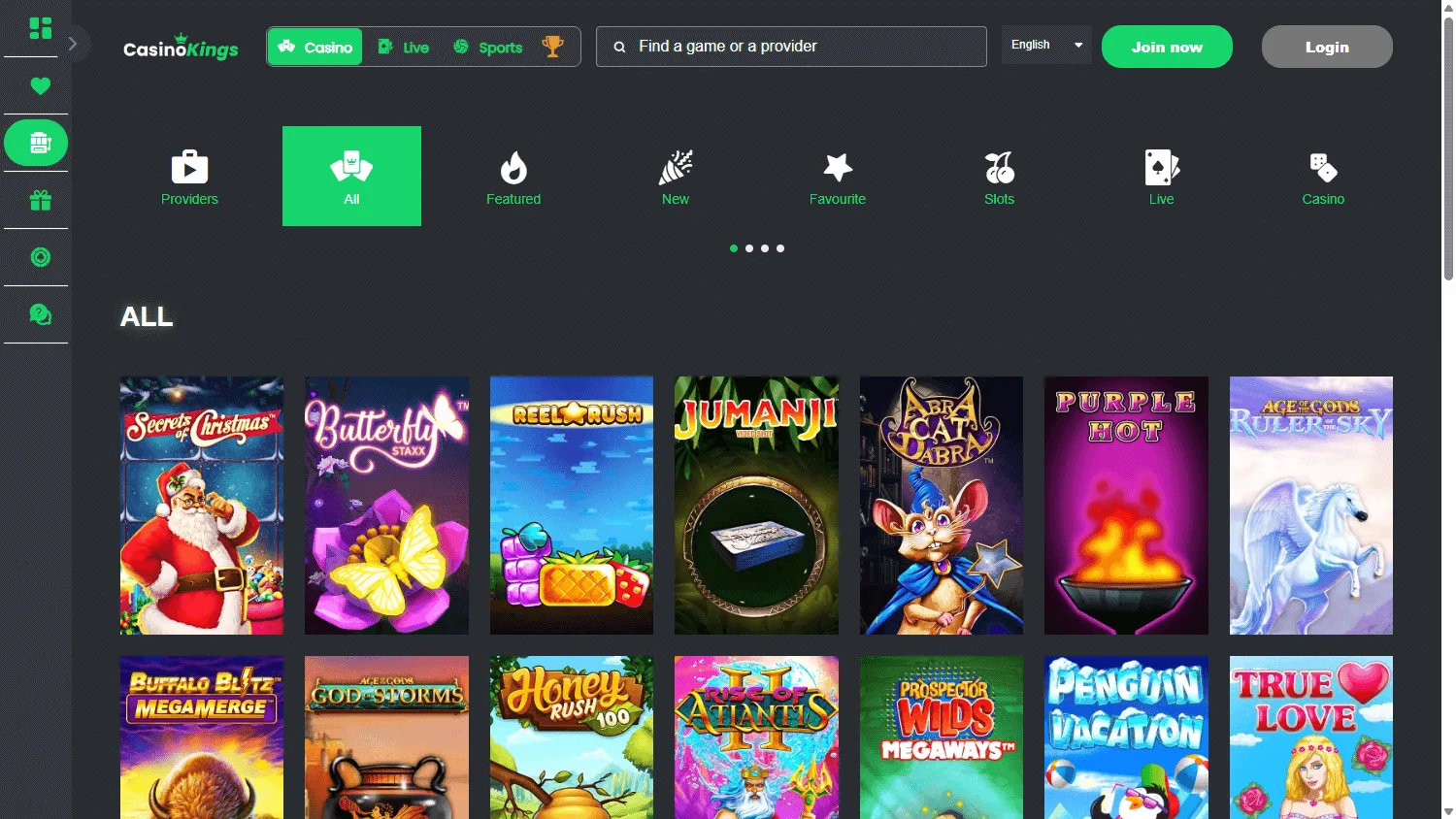 King Casino desktop games area with slots and live casino options