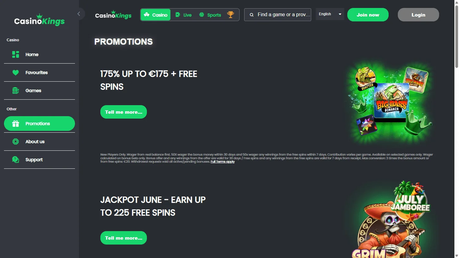 King Casino desktop promotions area with welcome and free spins offers