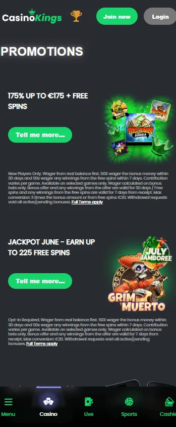 King Casino mobile promotions area with welcome and free spins offers