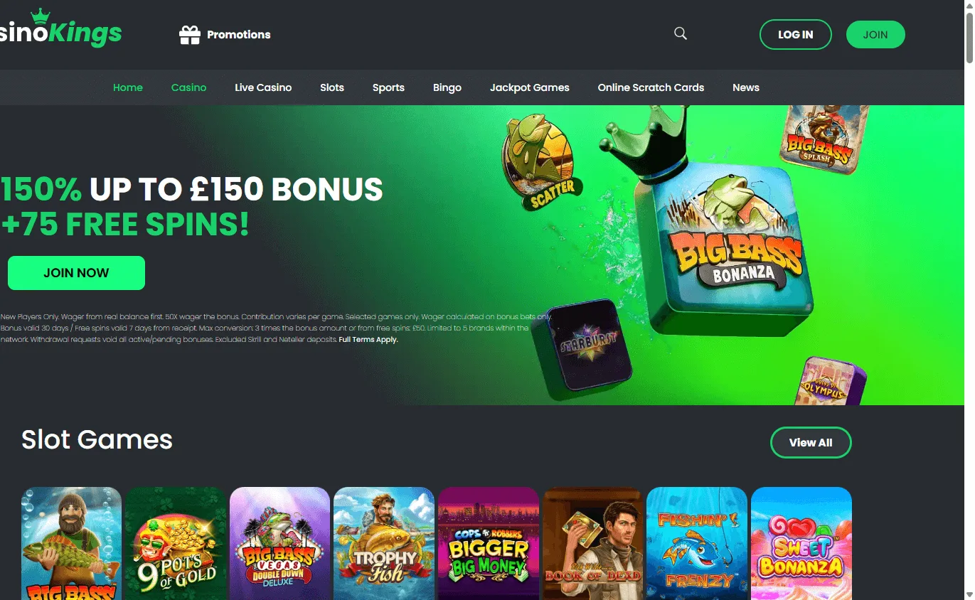 King Casino desktop home screen with casino, bingo and sports betting areas